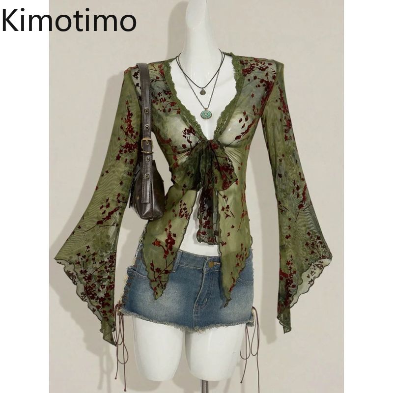 Crop Cardigan Vintage - Kimotimo Vintage Print Mesh Cardigan Lace