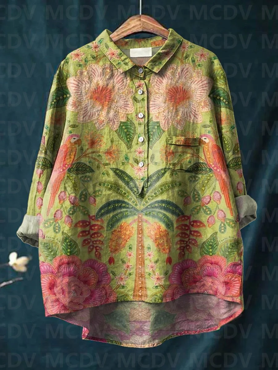 Printed Floral Shirt - Kemeja Kasual Wanita Motif Seni Burung